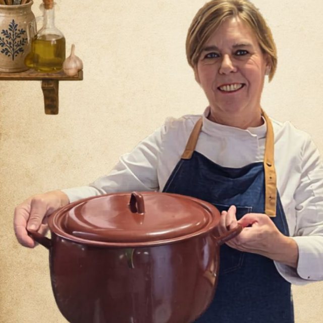 Manoli García en su cocina con una cazuela roja