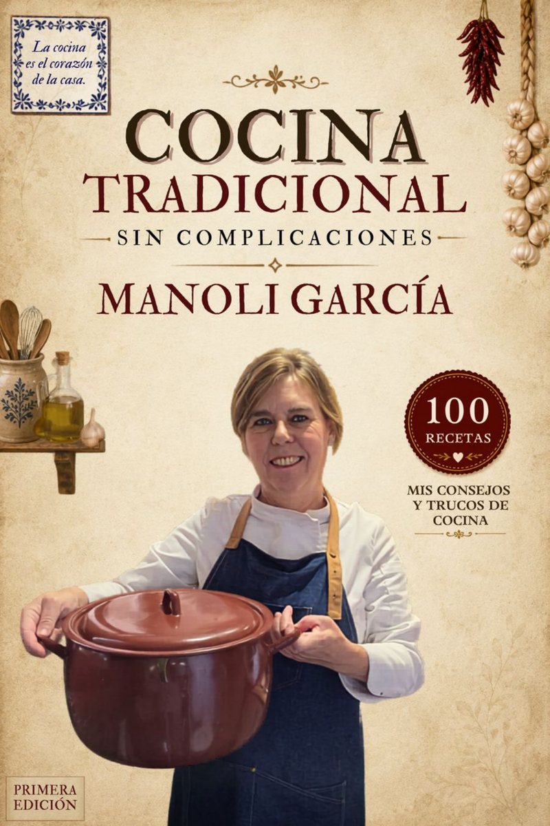 Portada del recetario Cocina tradicional sin complicaciones, con Manoli García sujetando una cazuela