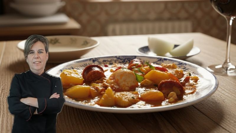 Caldo de patatas con chorizo en la sartén, receta de Manoli García