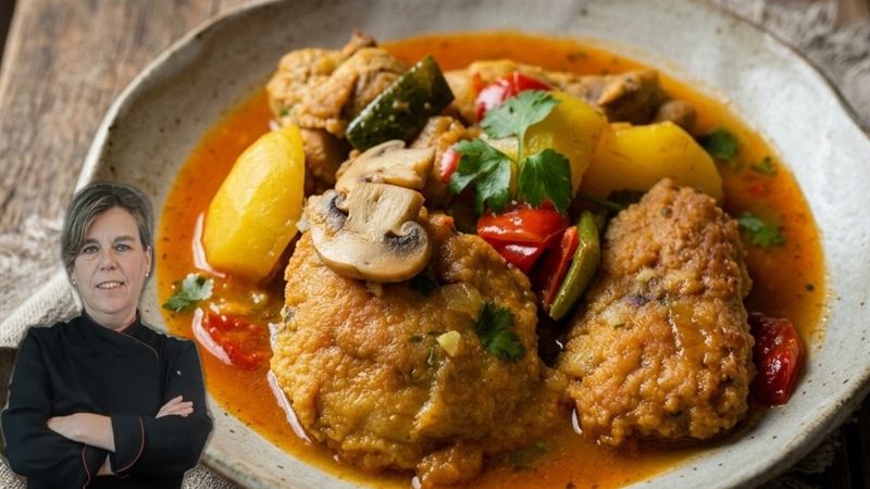 Guisado de pollo con rellenos, receta de Manoli García